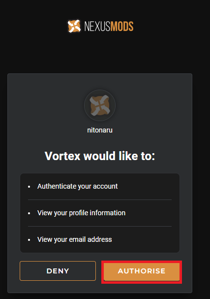 VortexとNexus Modsアカウントの管理付け